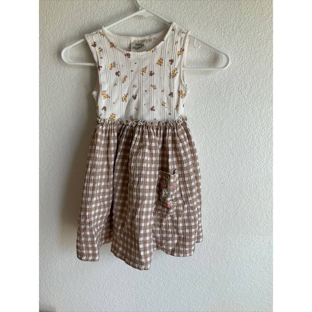 Disney Minnie Mouse Girls 5T Gingham Gauze Floral Ribbed Dress Brown Cream